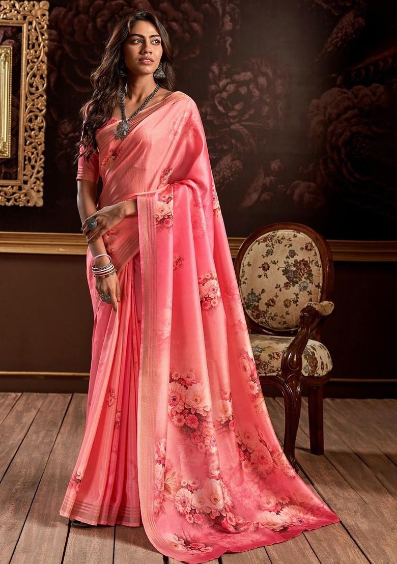 Orange Embroidered Poly Blend Saree Set With Blouse