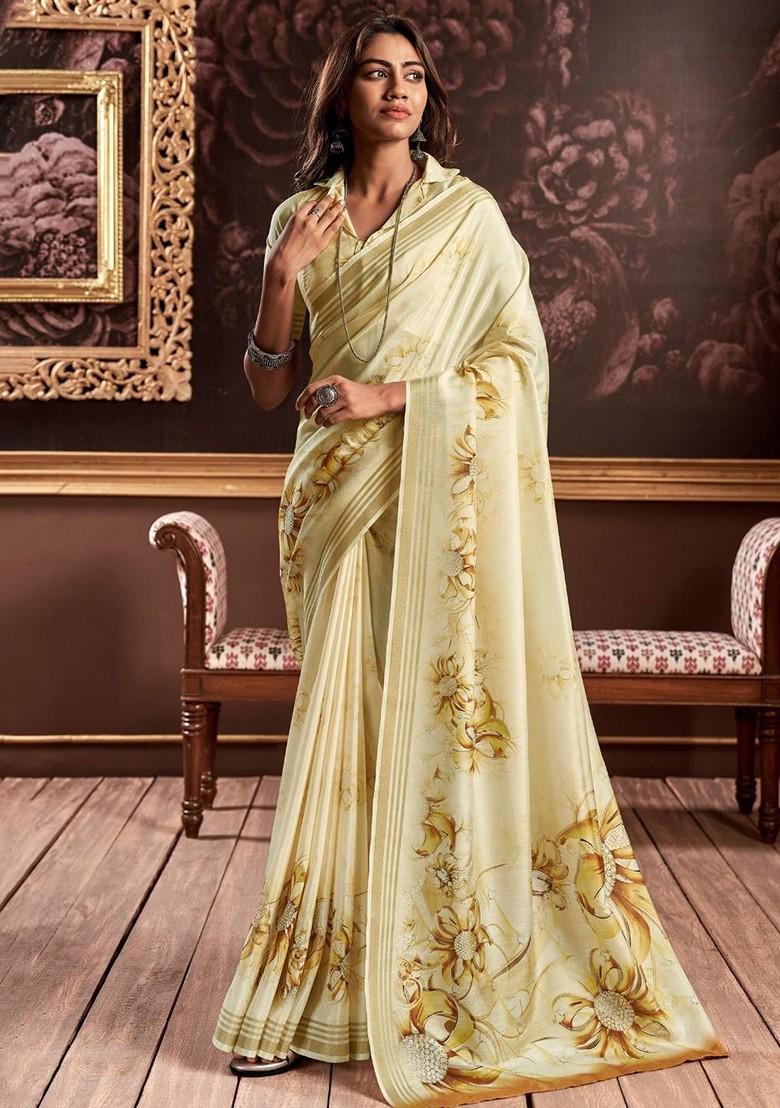 Yellow Embroidered Poly Blend Saree Set With Blouse