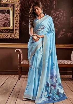 Blue Embroidered Poly Blend Saree Set With Blouse