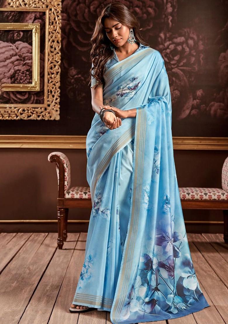 Blue Embroidered Poly Blend Saree Set With Blouse