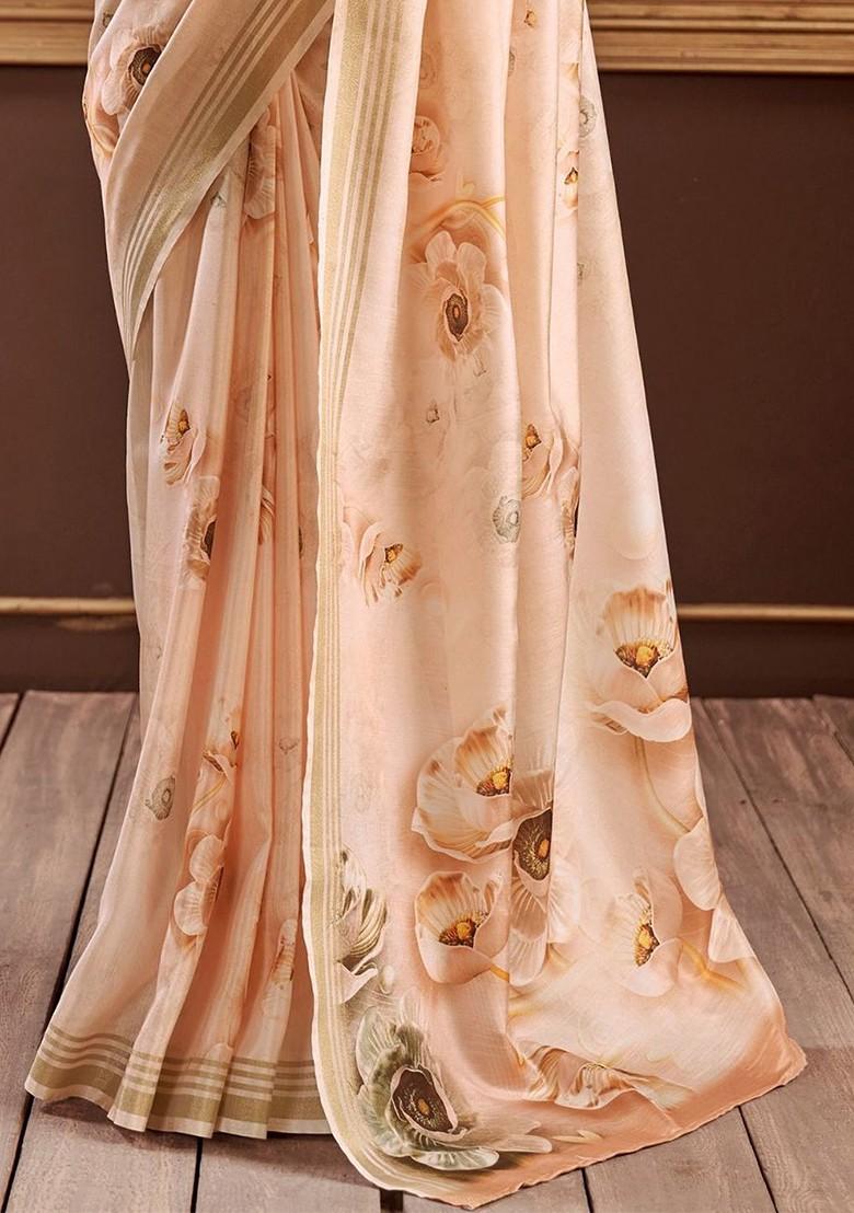 Beige Embroidered Poly Blend Saree Set With Blouse