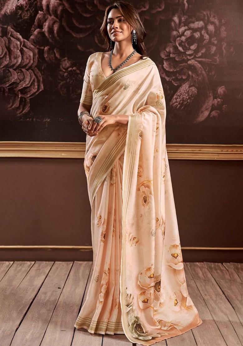 Beige Embroidered Poly Blend Saree Set With Blouse
