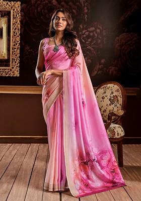 Pink Embroidered Poly Blend Saree Set With Blouse