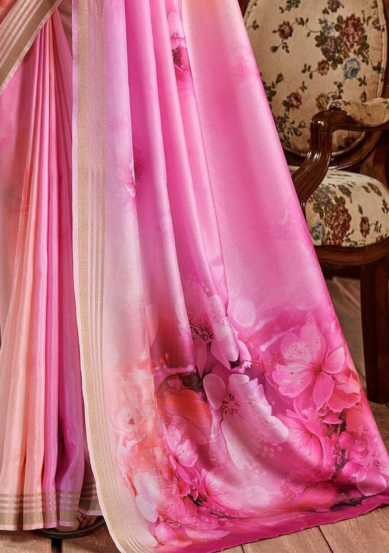 Pink Embroidered Poly Blend Saree Set With Blouse