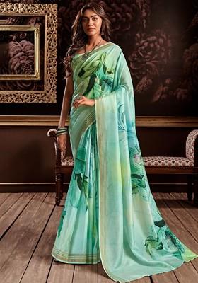 Green Embroidered Poly Blend Saree Set With Blouse