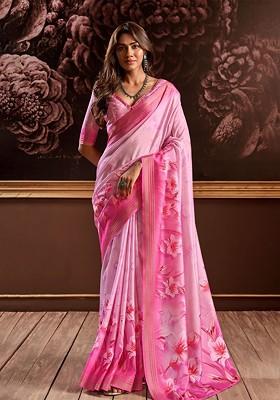 Pink Embroidered Poly Blend Saree Set With Blouse
