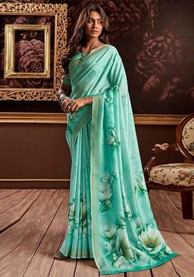 Blue Embroidered Poly Blend Saree Set With Blouse