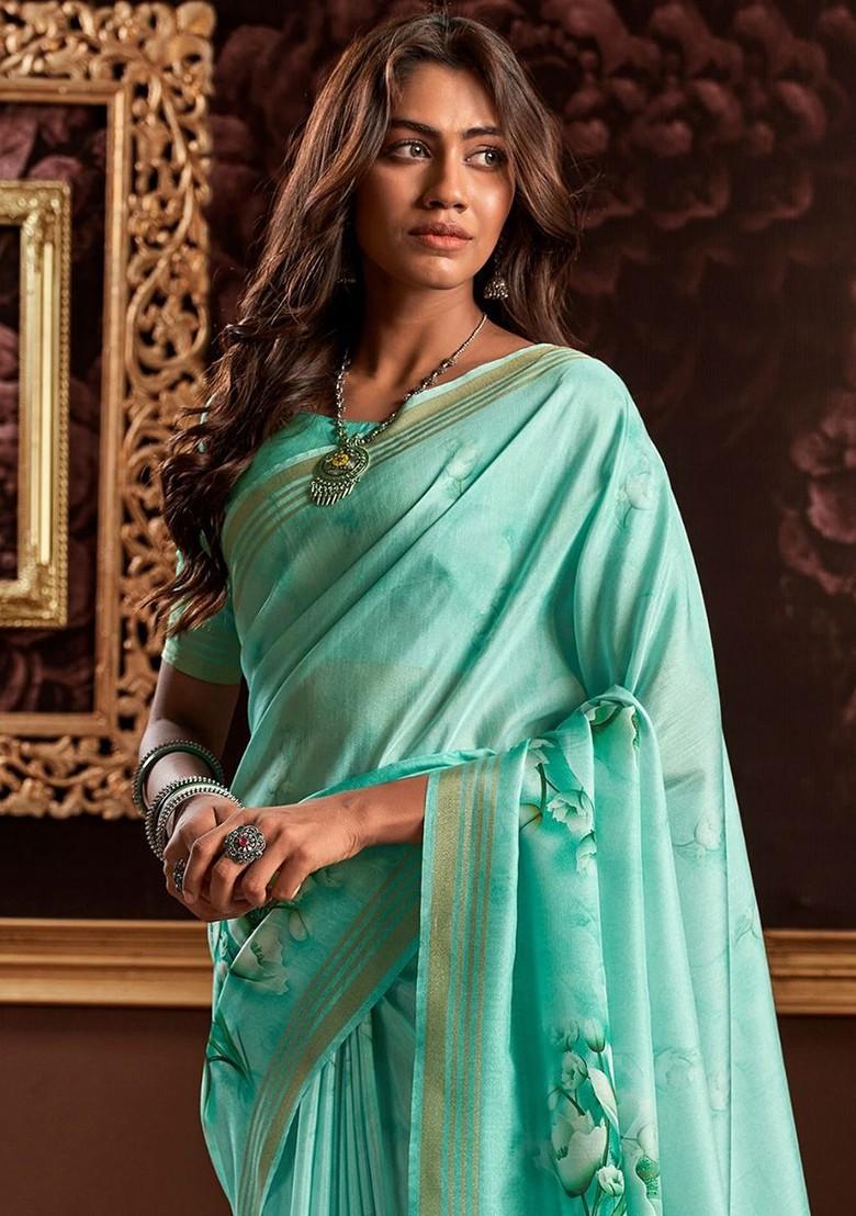 Blue Embroidered Poly Blend Saree Set With Blouse