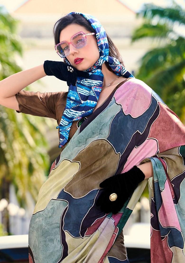 Pink Embroidered Poly Blend Saree Set With Blouse