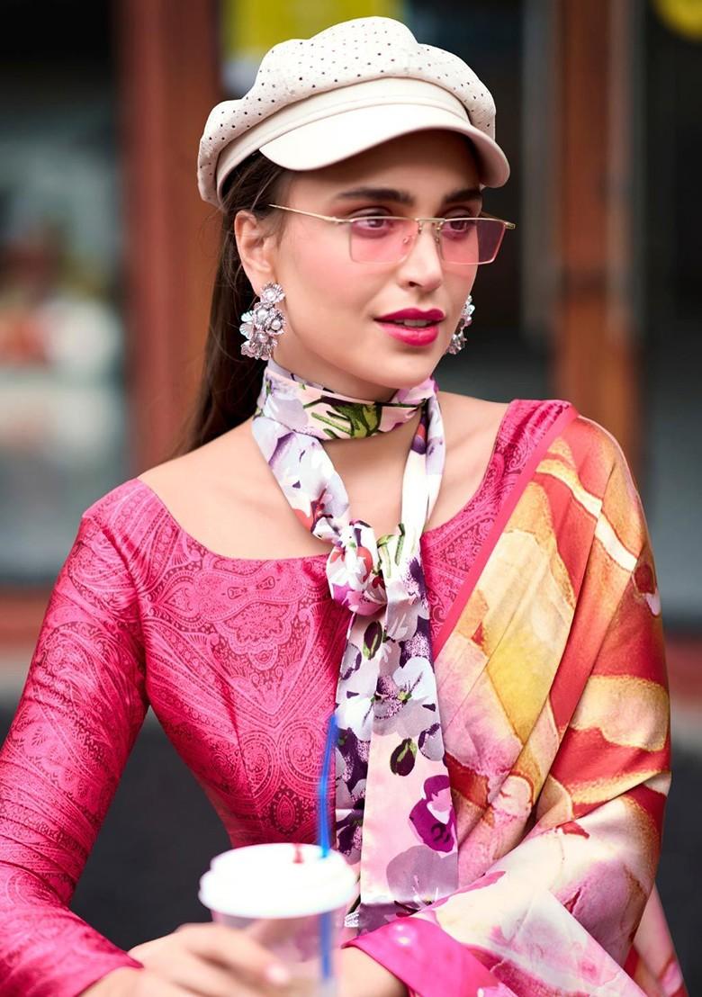 Pink Embroidered Poly Blend Saree Set With Blouse