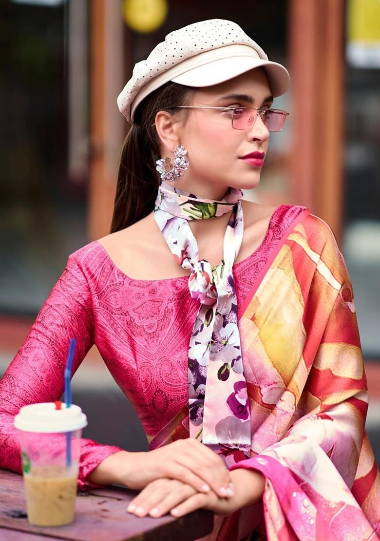 Pink Embroidered Poly Blend Saree Set With Blouse