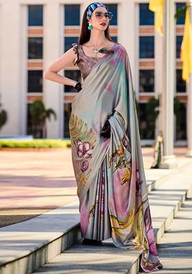 Grey Embroidered Poly Blend Saree Set With Blouse