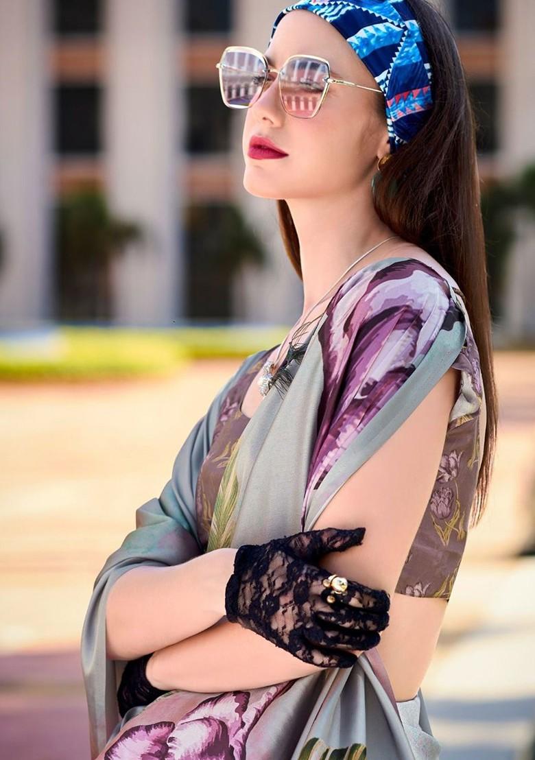 Grey Embroidered Poly Blend Saree Set With Blouse