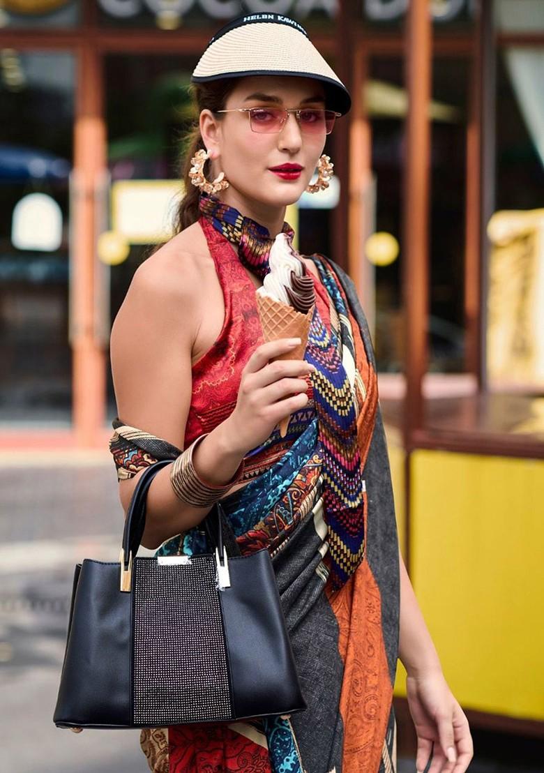 Black Embroidered Poly Blend Saree Set With Blouse