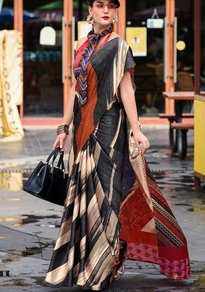 Black Embroidered Poly Blend Saree Set With Blouse