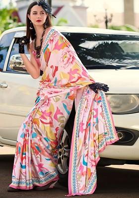 Pink Embroidered Poly Blend Saree Set With Blouse