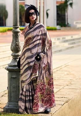 Coffee Brown Embroidered Poly Blend Saree Set With Blouse