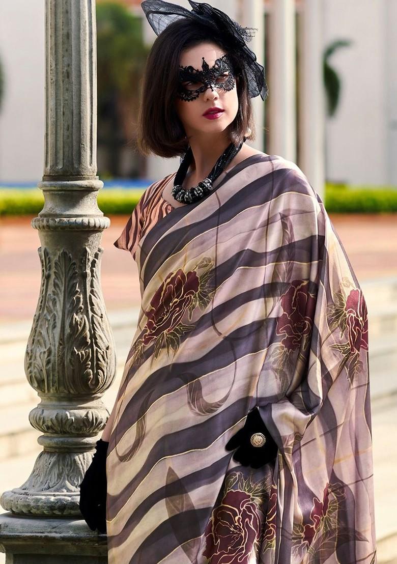 Coffee Brown Embroidered Poly Blend Saree Set With Blouse