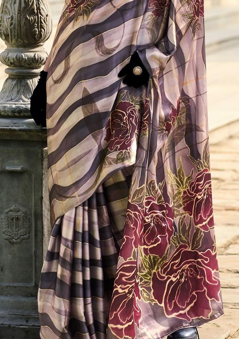 Coffee Brown Embroidered Poly Blend Saree Set With Blouse