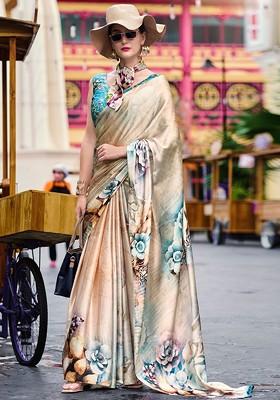 Beige Embroidered Poly Blend Saree Set With Blouse