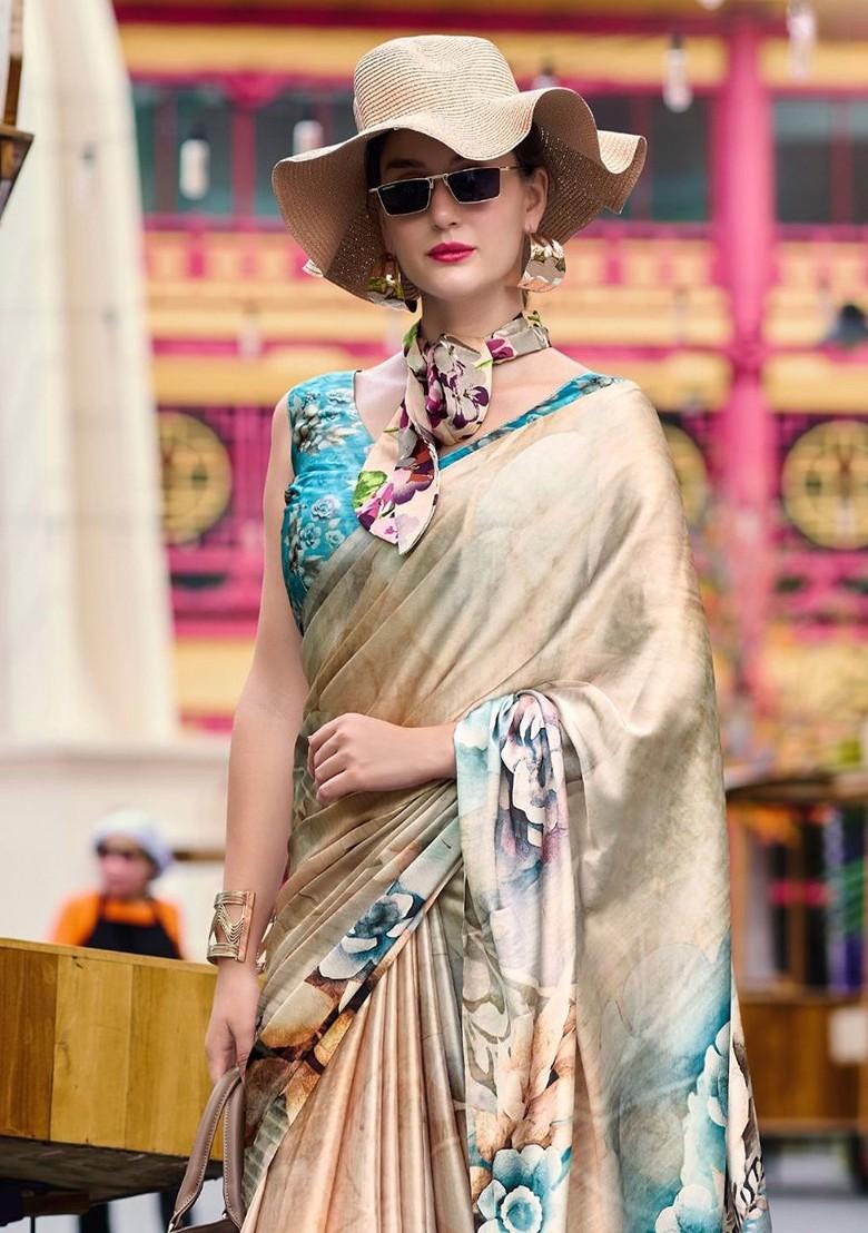 Beige Embroidered Poly Blend Saree Set With Blouse