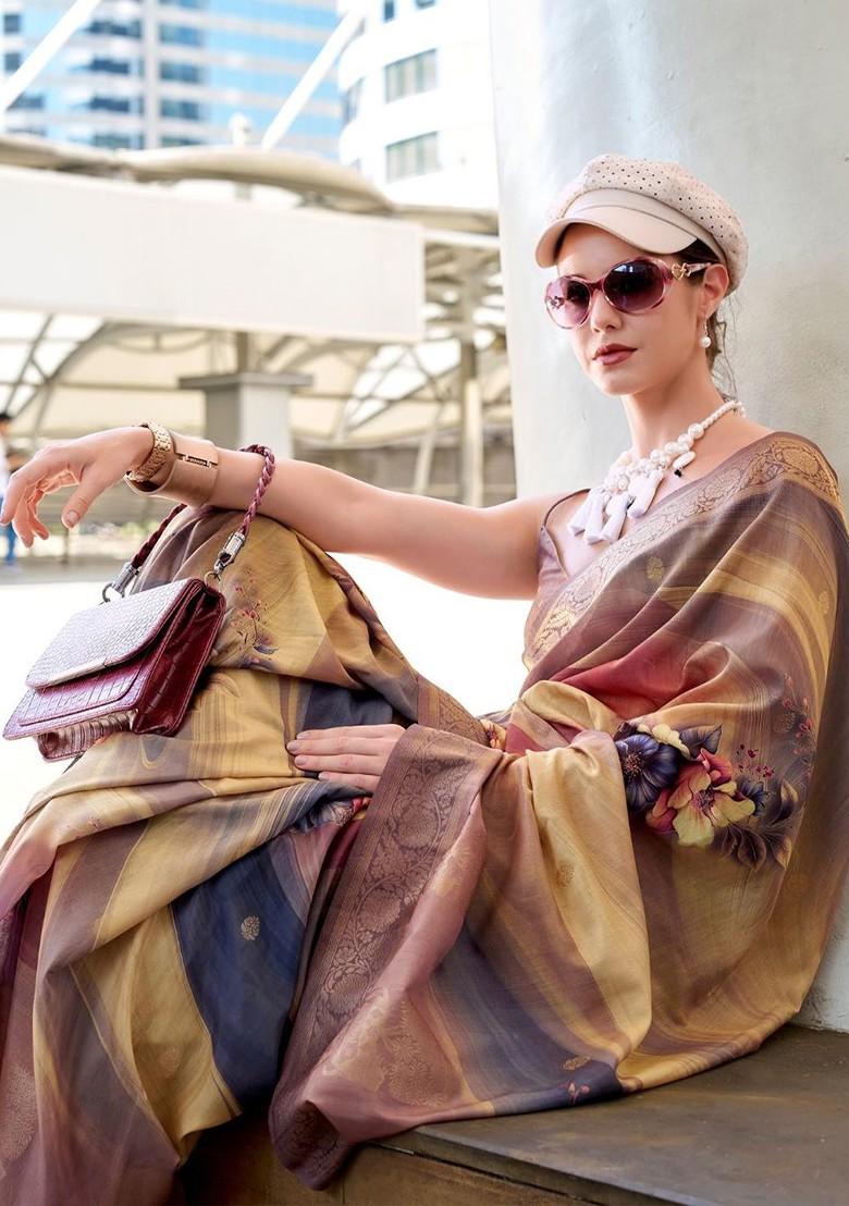 Mauve Embroidered Poly Blend Saree Set With Blouse