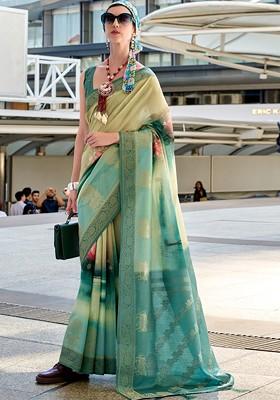 Blue Woven Design Poly Blend Saree Set With Blouse