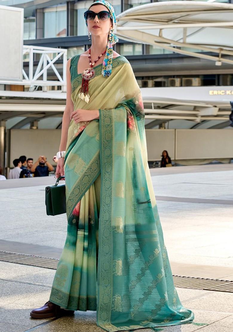 Blue Woven Design Poly Blend Saree Set With Blouse