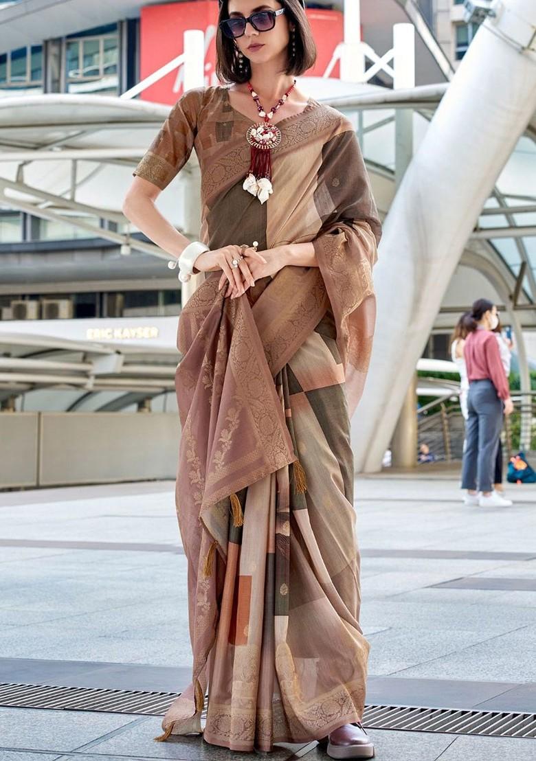 Beige Woven Design Poly Blend Saree Set With Blouse