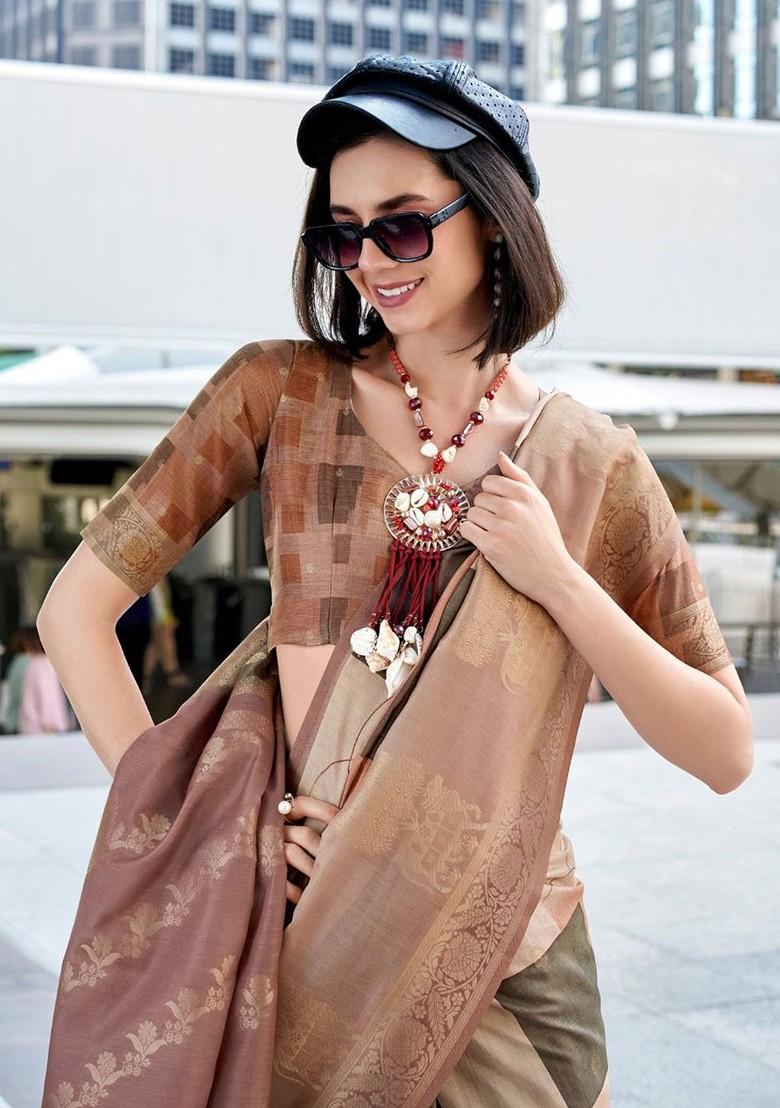 Beige Woven Design Poly Blend Saree Set With Blouse