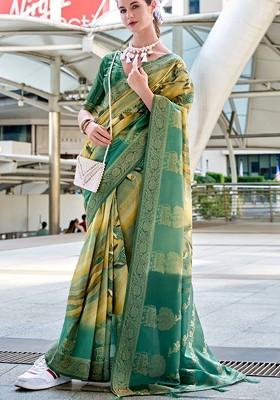 Green Woven Design Poly Blend Saree Set With Blouse