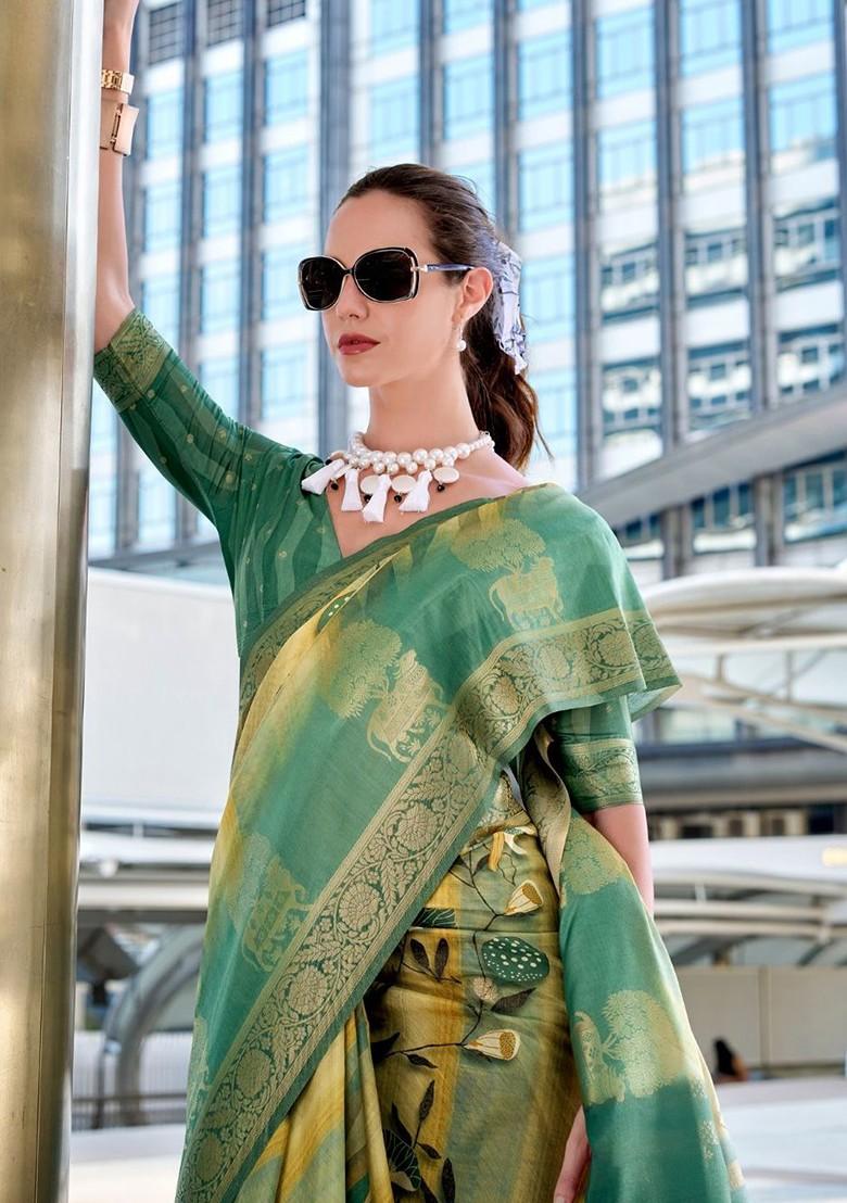 Green Woven Design Poly Blend Saree Set With Blouse