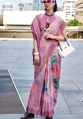 Purple Woven Design Poly Blend Saree Set With Blouse