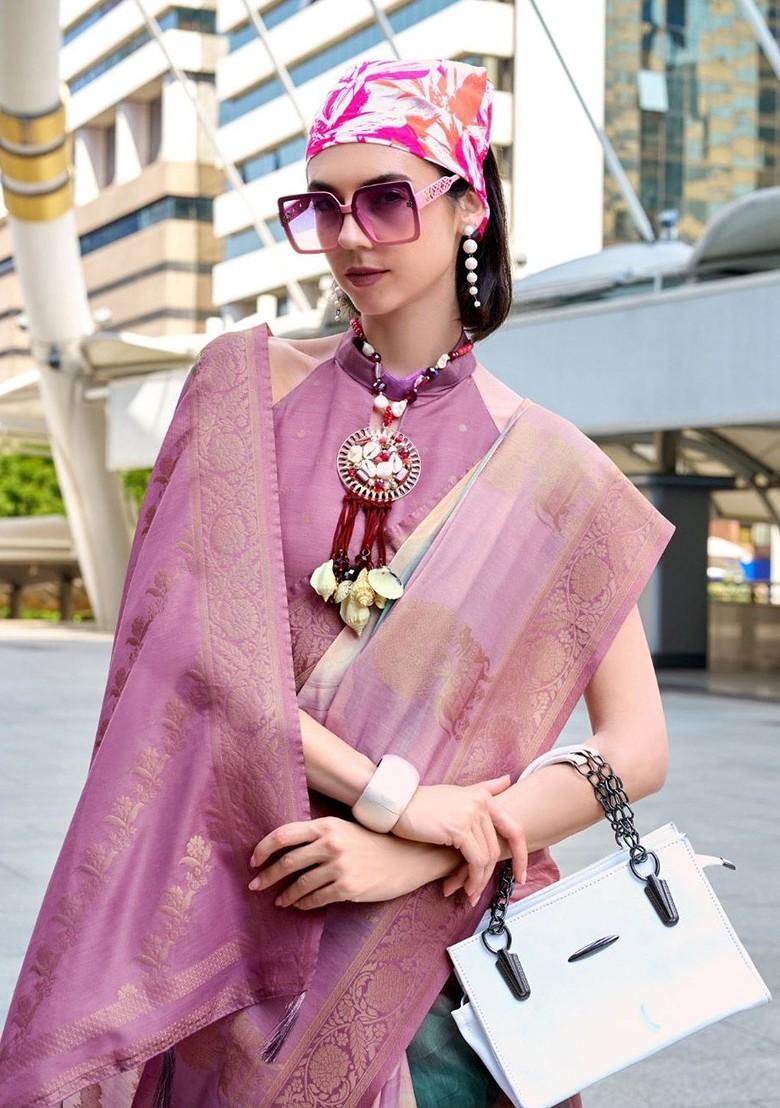 Purple Woven Design Poly Blend Saree Set With Blouse