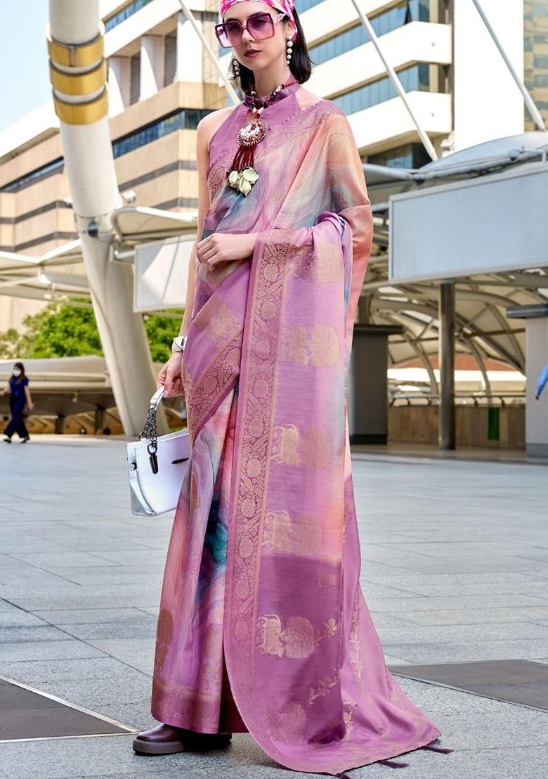 Purple Woven Design Poly Blend Saree Set With Blouse