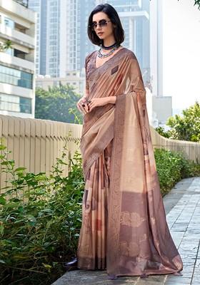 Beige Woven Design Poly Blend Saree Set With Blouse