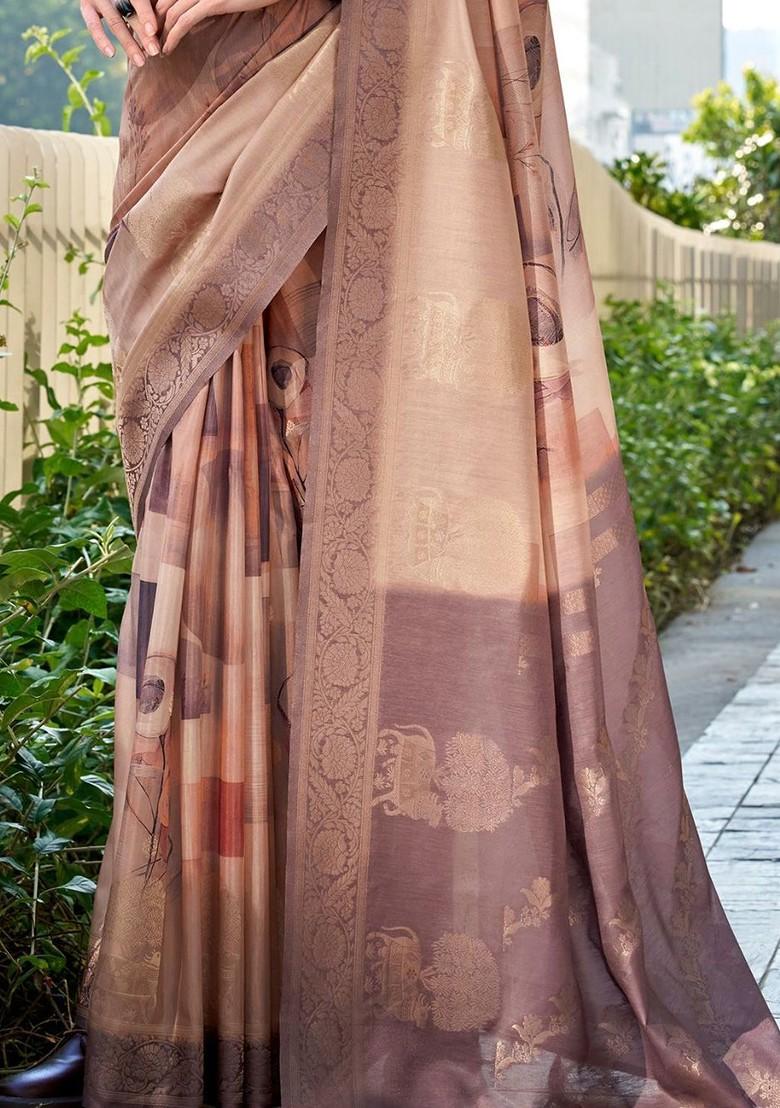 Beige Woven Design Poly Blend Saree Set With Blouse