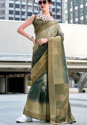 Green Woven Design Poly Blend Saree Set With Blouse