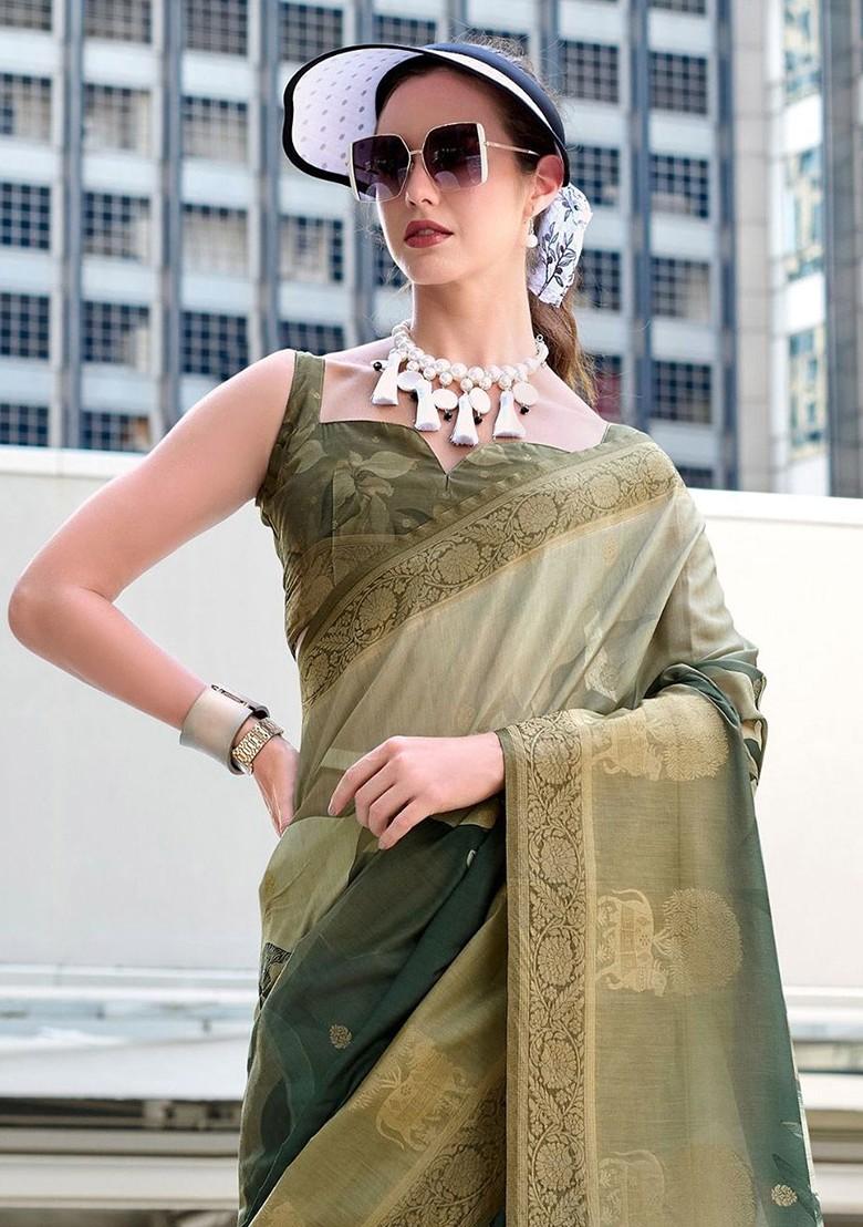 Green Woven Design Poly Blend Saree Set With Blouse
