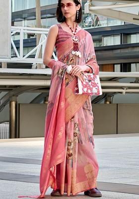 Pink Woven Design Poly Blend Saree Set With Blouse