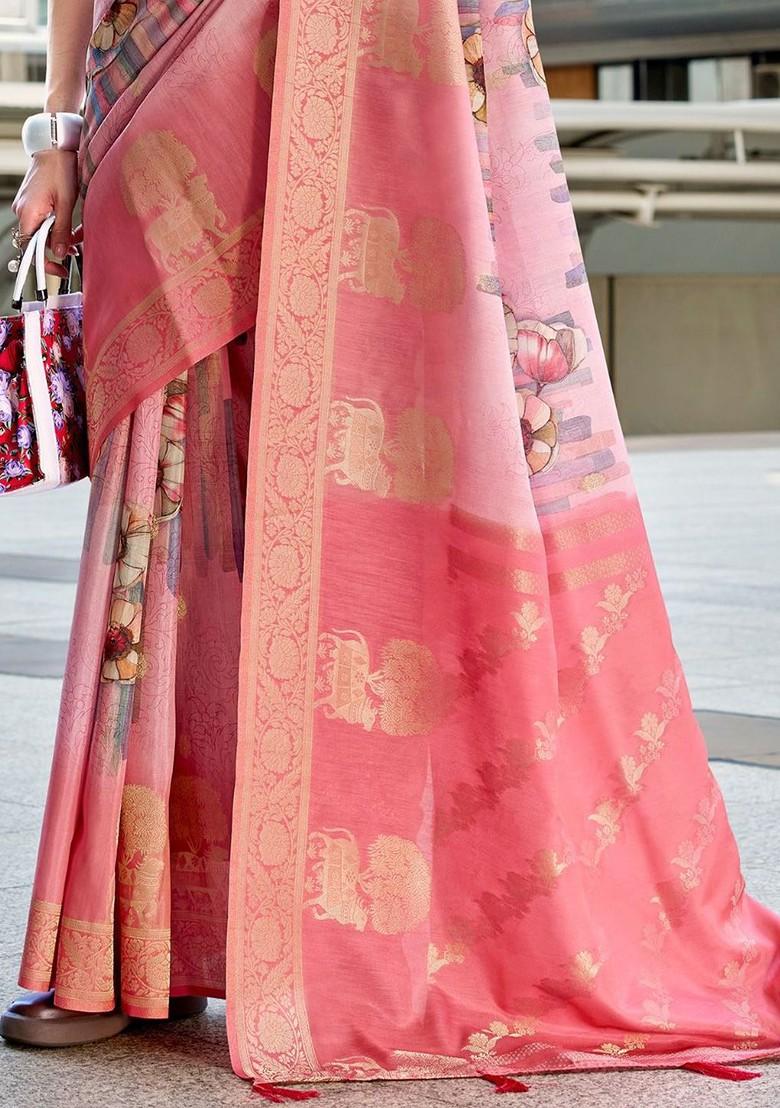 Pink Woven Design Poly Blend Saree Set With Blouse