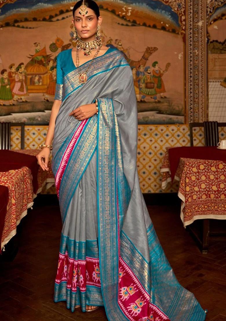 Grey Embroidered Poly Blend Saree Set With Blouse