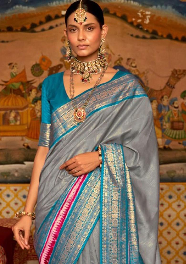 Grey Embroidered Poly Blend Saree Set With Blouse