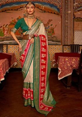 Beige Embroidered Poly Blend Saree Set With Blouse