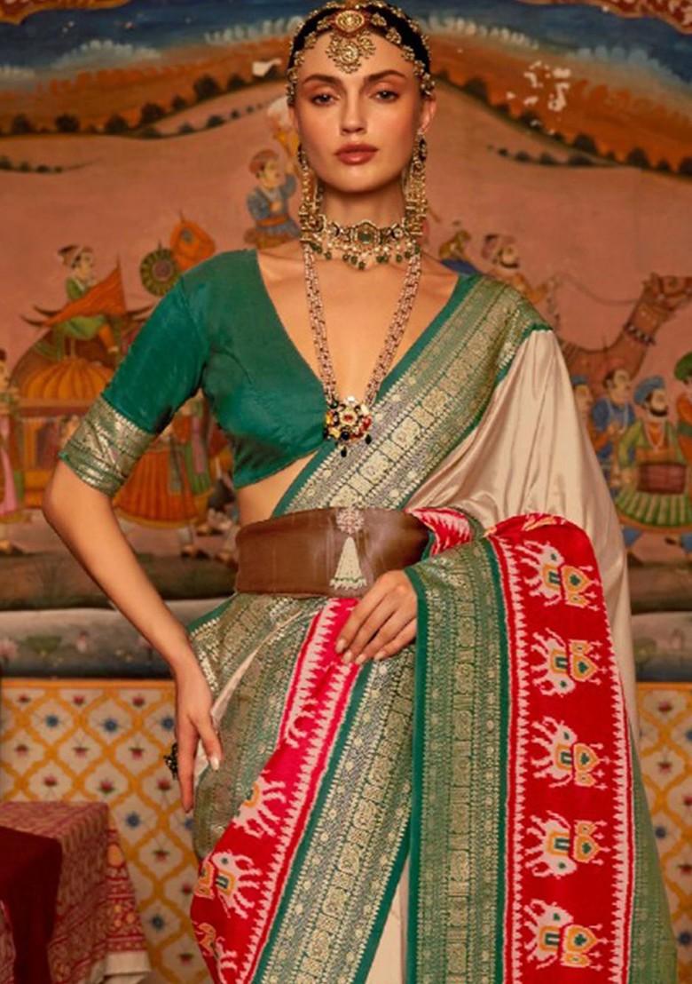 Beige Embroidered Poly Blend Saree Set With Blouse
