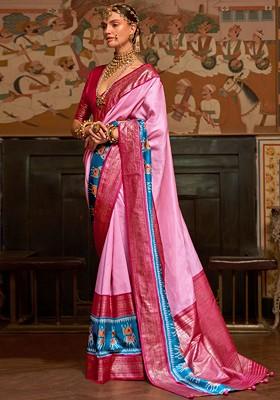 Pink Embroidered Poly Blend Saree Set With Blouse