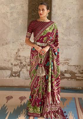 Maroon Embroidered Poly Blend Saree Set With Blouse
