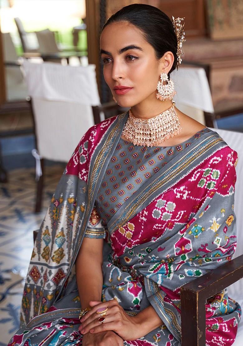 Magenta Embroidered Poly Blend Saree Set With Blouse