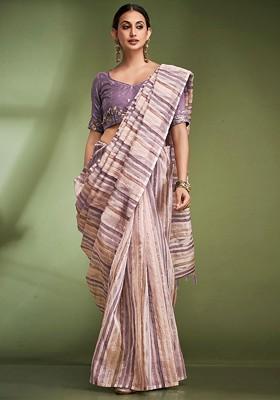 Lavender Embroidered Poly Blend Saree Set With Blouse