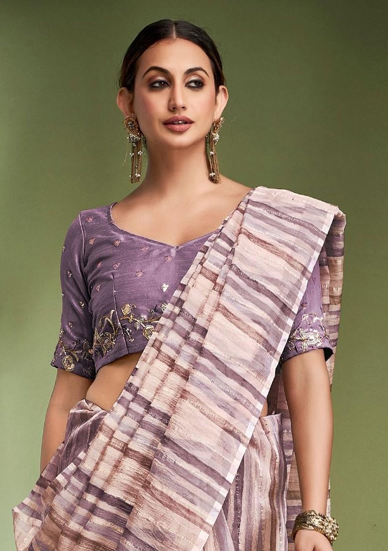 Lavender Embroidered Poly Blend Saree Set With Blouse